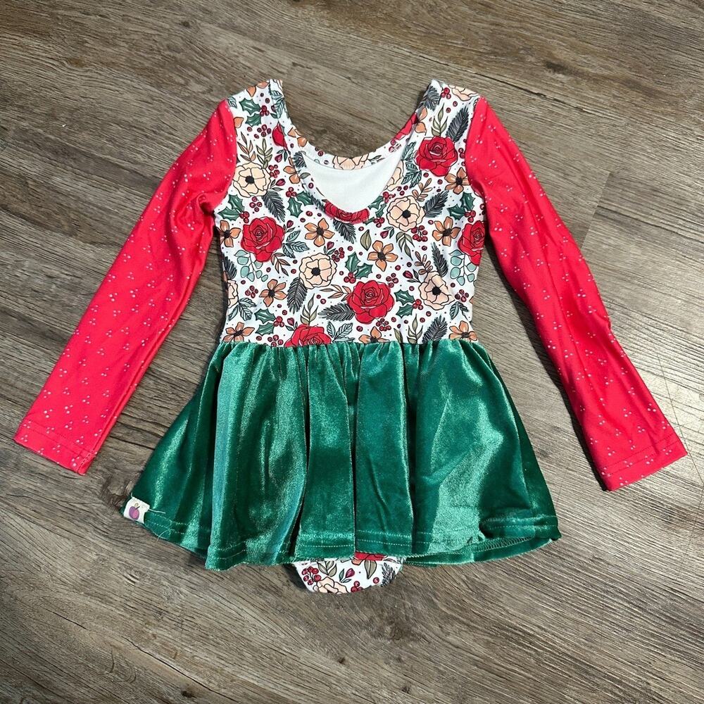Cheeky Plum Girls 12-18 Months Leotard Long Sleeve Velvet Christmas Red Green - Picture 4 of 4